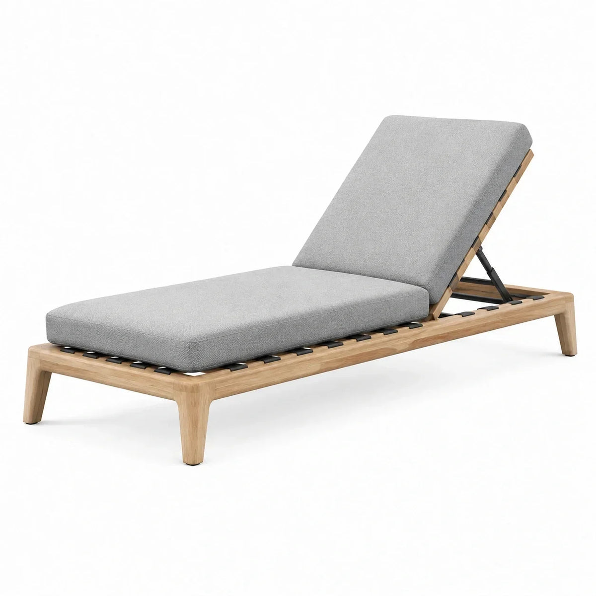 Tumbona de madera de roble con cojín de poliéster gris, ajustable, 195 cm