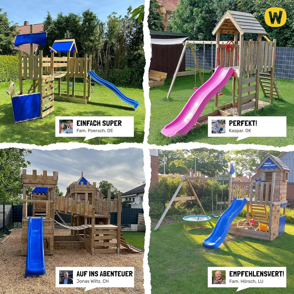 Torre de juegos WICKEY MultiFlyer con tejado de madera, columpio y tobogán verde pastel, torre de escalada para niños al aire libre con arenero, escalera y accesorios de juego para el jardín