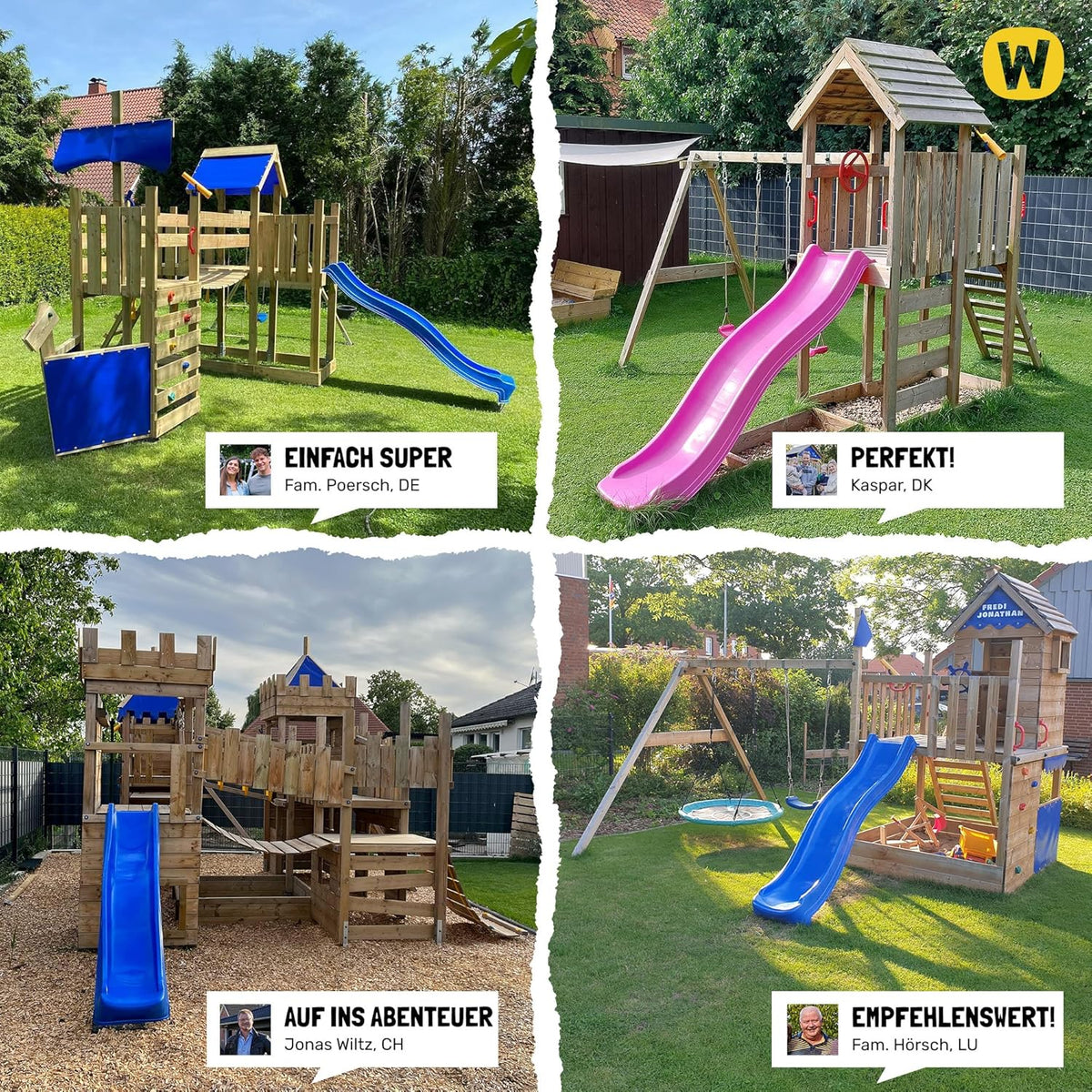 Torre de juegos WICKEY MultiFlyer con tejado de madera, columpio y tobogán verde pastel, torre de escalada para niños al aire libre con arenero, escalera y accesorios de juego para el jardín