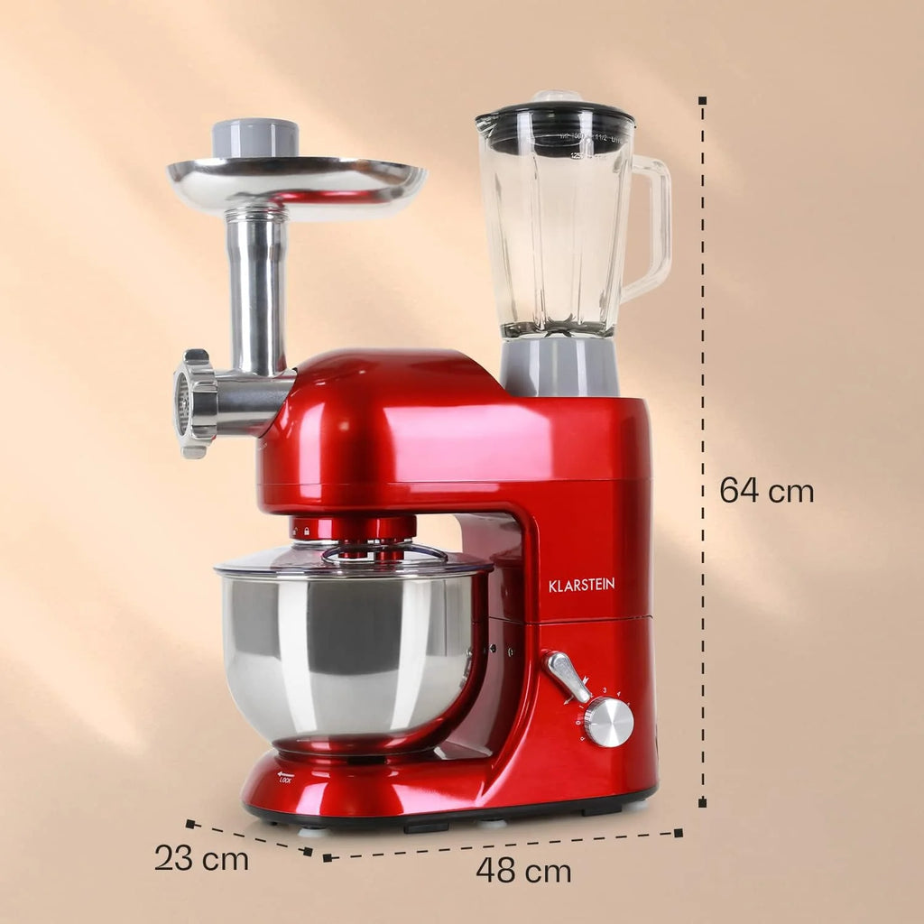Klarstein Robot kuchenny z maszynką do mięsa, 1800W maszyna do ciasta Mała, 6 biegów, Trzepaczka, hak do mieszania i ugniatania, Mieszanie planetarne, Mikser z blenderem, Robot z misą 5L