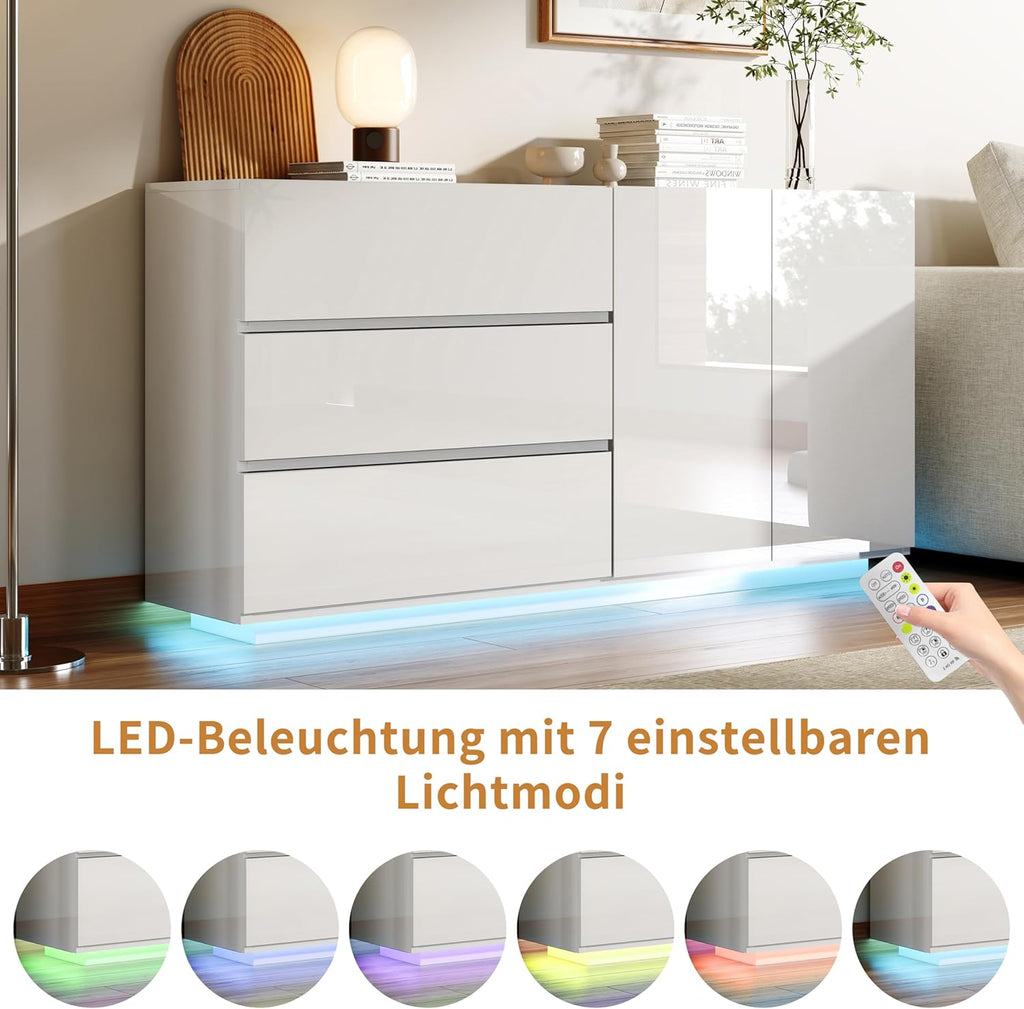 Cómoda blanca de alto brillo con iluminación LED, aparador blanco de alto brillo de 160 cm con 2 puertas y 3 cajones, alacena de cocina, mueble buffet moderno para dormitorio, comedor, oficinas y recibidor
