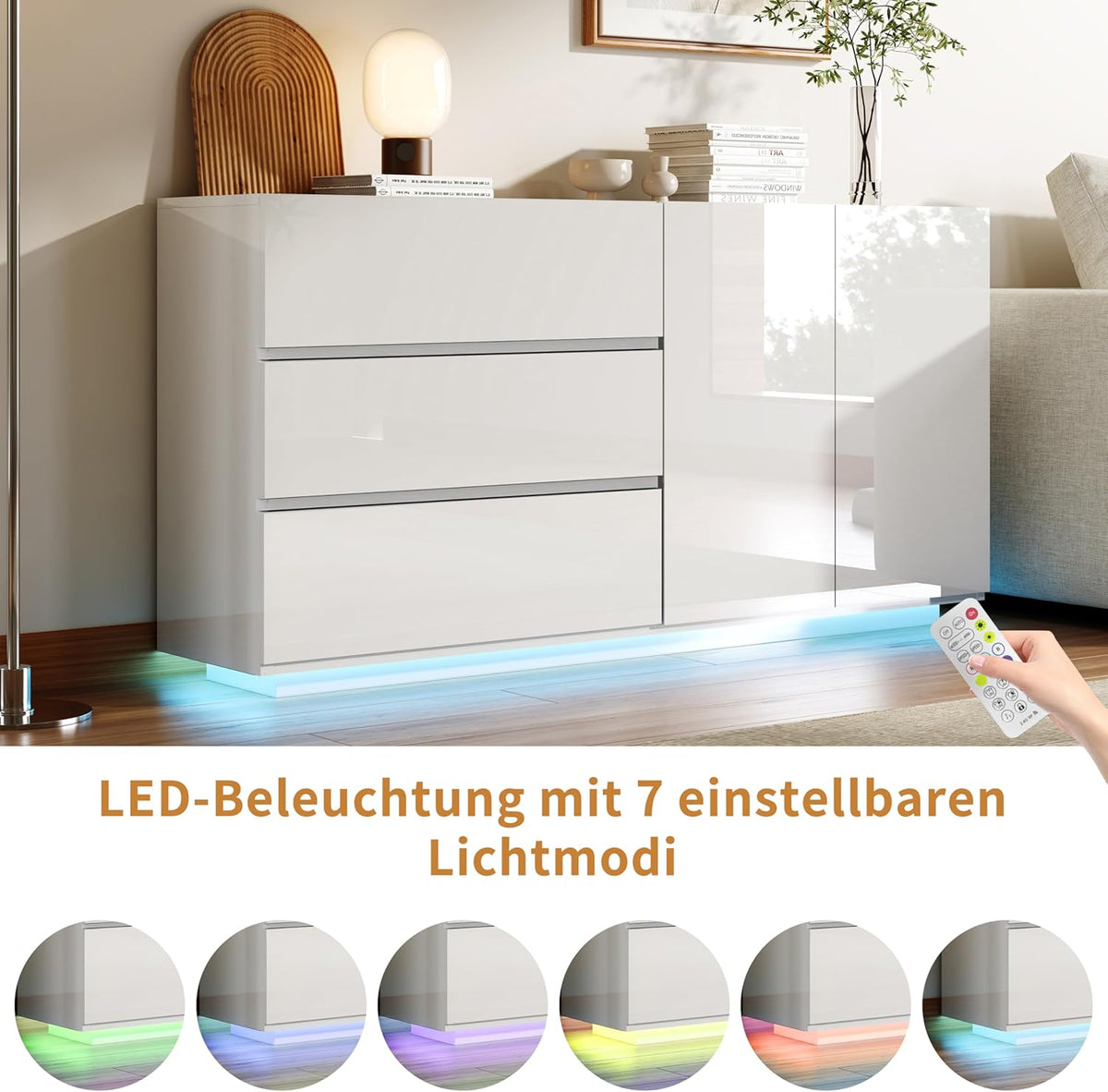 Cómoda blanca de alto brillo con iluminación LED, aparador blanco de alto brillo de 160 cm con 2 puertas y 3 cajones, alacena de cocina, mueble buffet moderno para dormitorio, comedor, oficinas y recibidor