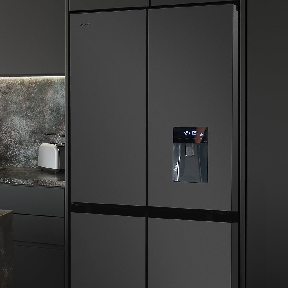 Frigorífico Americano de 4 puertas Cecotec Dark de 564 L Bolero CoolMarket 4D 564 Dark E. 183 cm de altura, 91 cm de ancho, dispensador de agua, motor Inverter Plus, Total NoFrost.