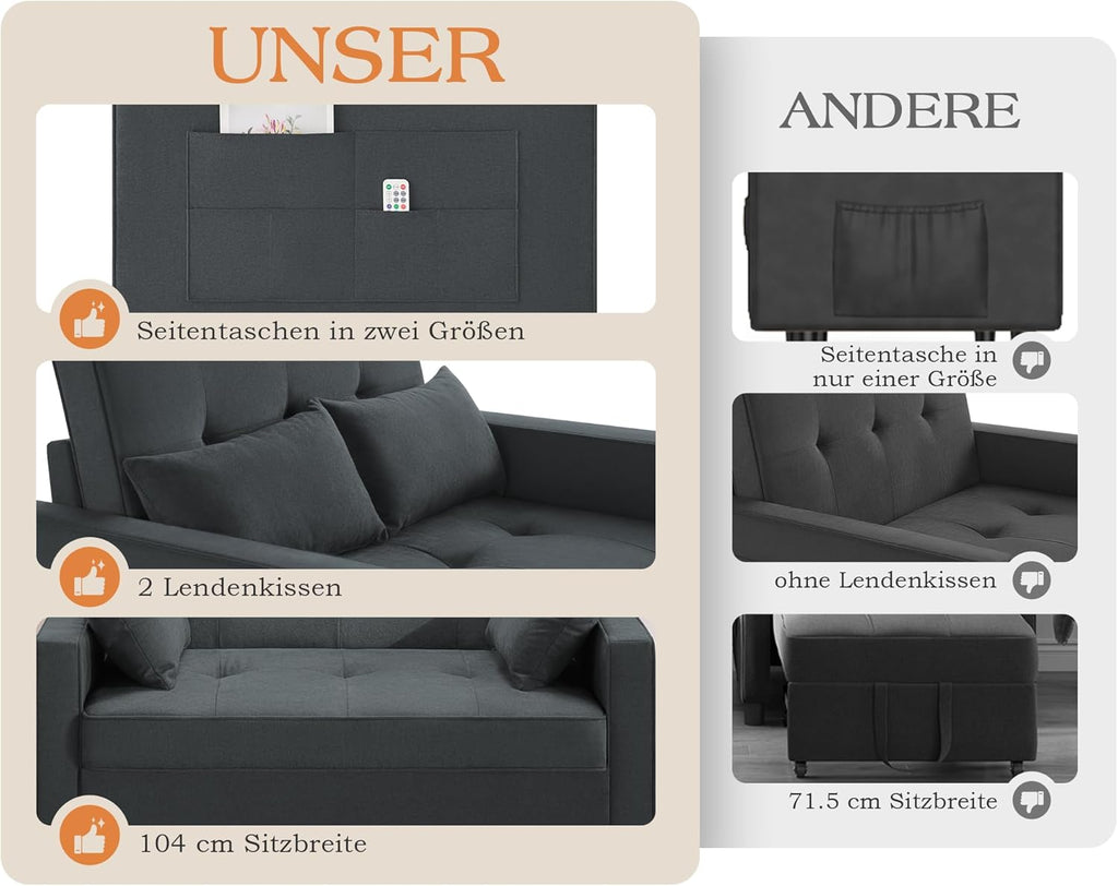 Sofá cama LUXOAK 186 x 122 cm con respaldo ajustable en 5 niveles, sofá cama 3 en 1 con cojines y bolsillo lateral, sofá de lino gris para habitación de invitados y espacios pequeños