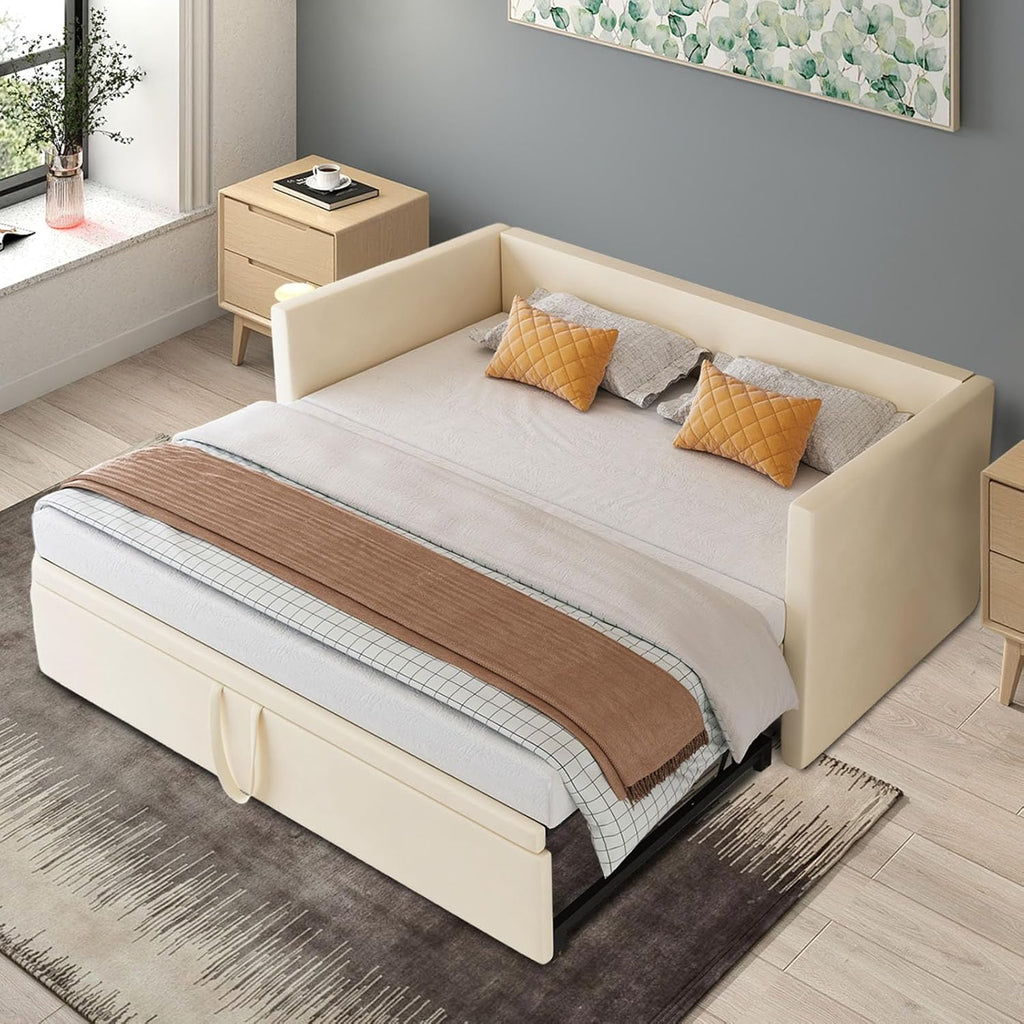 Sofá cama de 200 cm de ancho, sofá cama extraíble, cama abatible con sofá, cama Murphy de 90/180 x 200 cm, cama tapizada tipo diván extraíble con somier, cama de matrimonio, tela de terciopelo, sin colchón (beige)