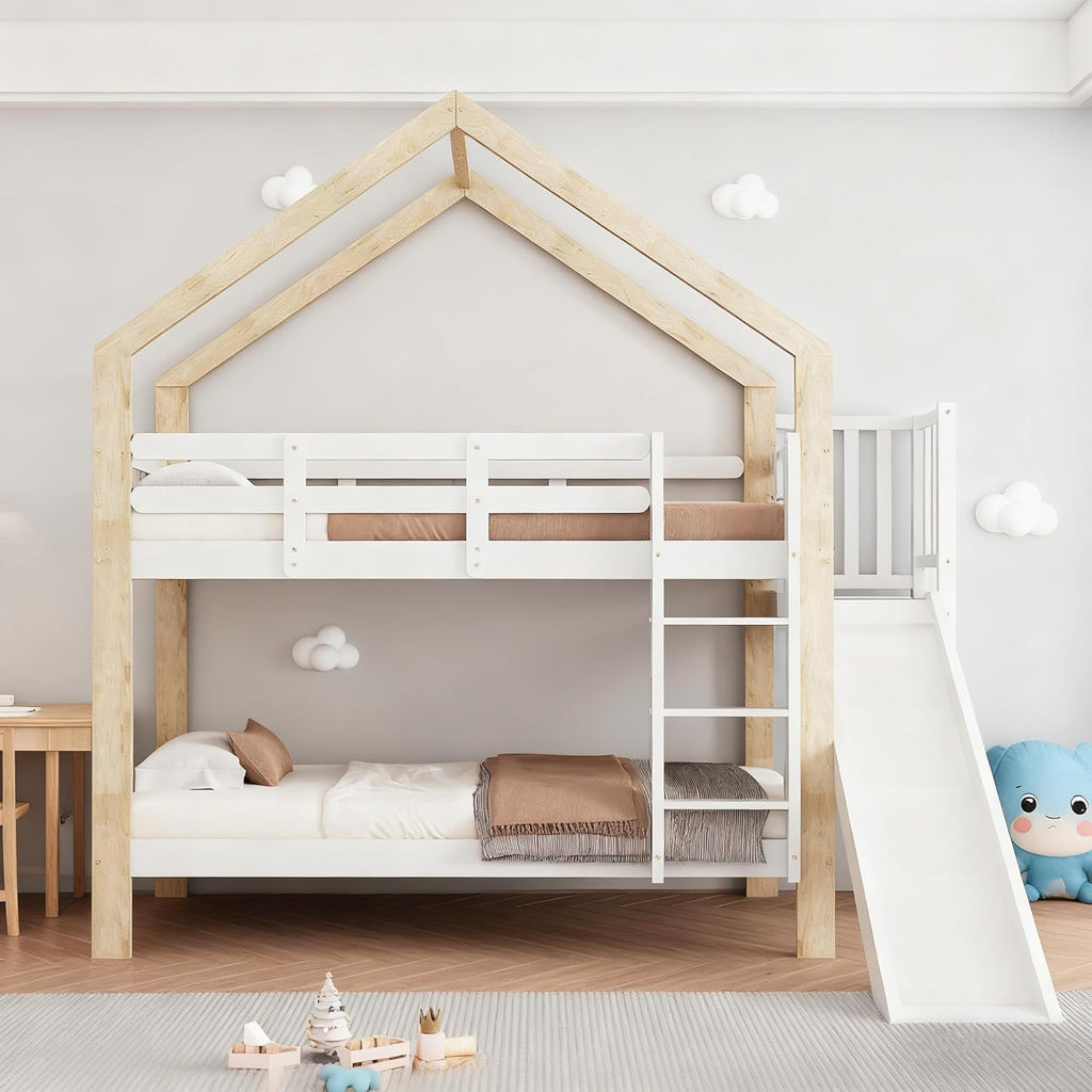 Litera Ball & Cast (90x200cm) con barandilla alta, estructura de madera con tobogán + escalera, estable y silenciosa, blanco + natural