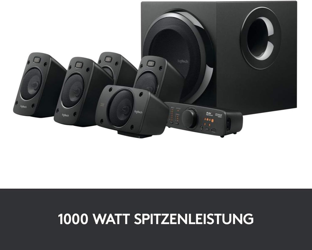 Sistema de sonido 5.1 Logitech Z906, altavoces con sonido envolvente de 1000 vatios, THX, múltiples entradas de audio, mando a distancia, enchufe UE, PC/PS4/Xbox/equipo estéreo/TV/smartphone/tableta - Negro