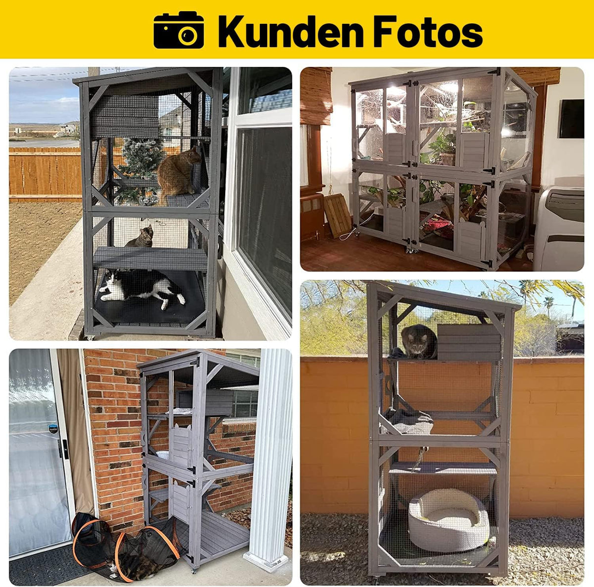 Casa para gatos, recinto exterior para gatos (catio), jaula de madera para gatos, condominio con puerta de entrada extra grande, parque interior con plataformas y casita.