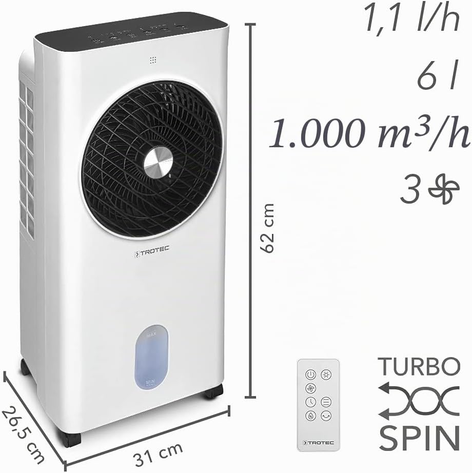 Refrigerador de aire portátil TROTEC PAE 31, climatizador 3 en 1, humidificador y ventilador, depósito de 6 l, capacidad de evaporación de 1,1 l/h, 3 niveles de ventilación, temporizador, modo nocturno