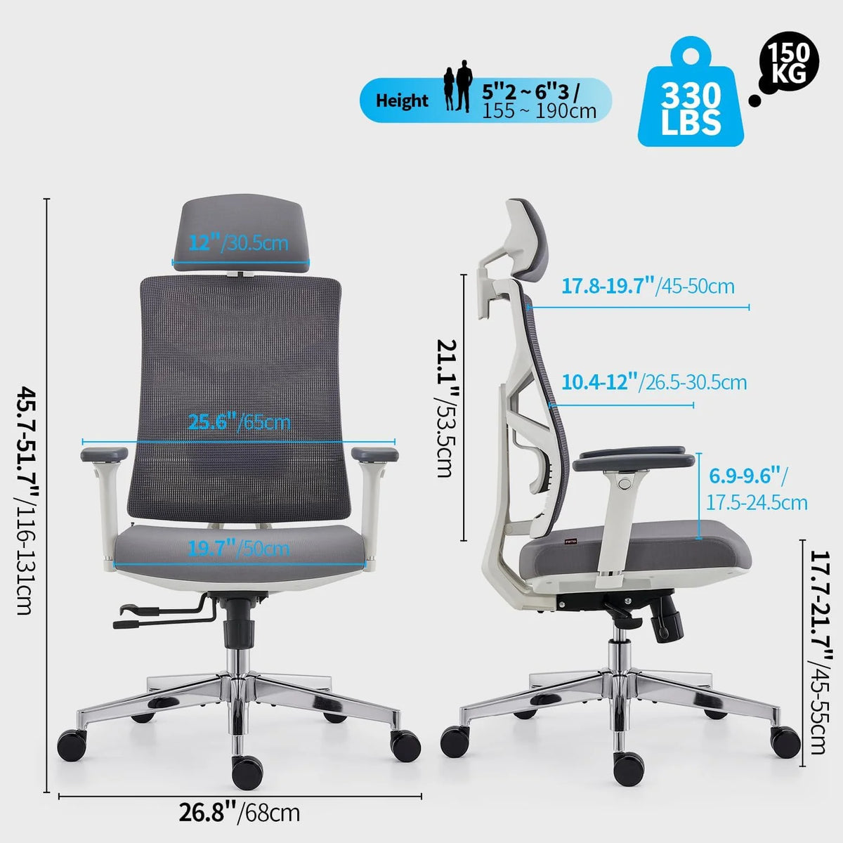 HOLLUDLE Ergonomiczne krzesło biurowe z adaptacyjnym oparciem, wysokie krzesło komputerowe z 4D podłokietnikami, regulowana głębokość siedziska, podparcie lędźwiowe i 2D zagłówek, obrotowe krzesło
