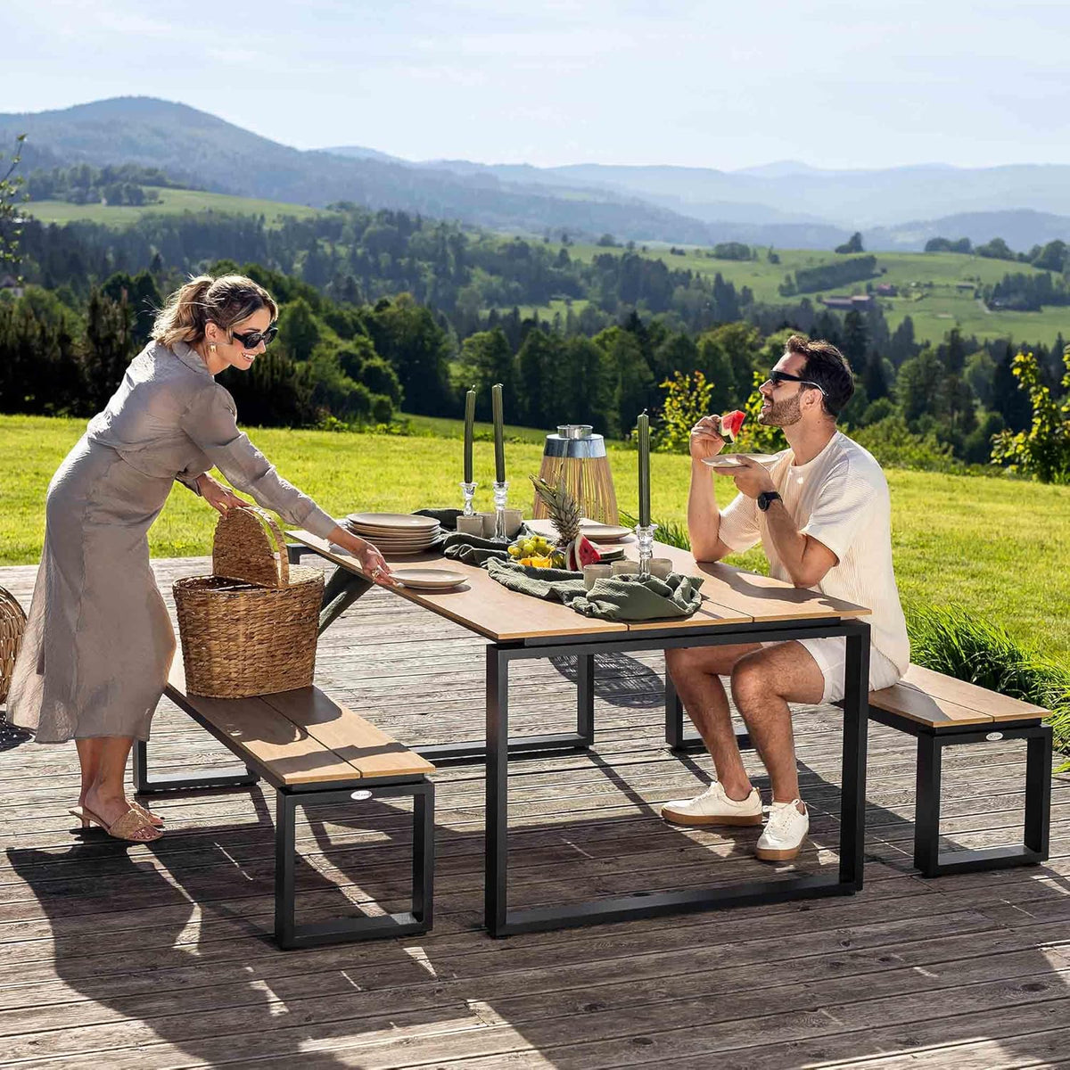 Muebles de jardín di volio Trento, conjunto de muebles de jardín: mesa de comedor espaciosa y 2 bancos de jardín, fabricados con materiales resistentes a la intemperie, para jardín y terraza