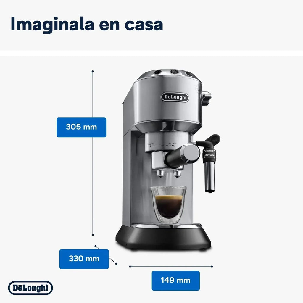 De'Longhi Dedica – Cafetera de bomba de acero inoxidable para café molido o monodosis, espresso y capuchino, depósito de 1,3 litros, sistema antigoteo, modelo EC685.M, color metal