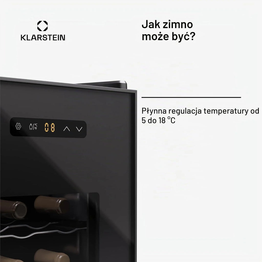 Klarstein Wolnostojąca lodówka na wino 1 strefa, mała lodówka na napoje, mała szafka na wino, mała chłodziarka do wina ze szklanymi drzwiami, lodówka na butelki do użytku wewnętrznego/zewnętrznego