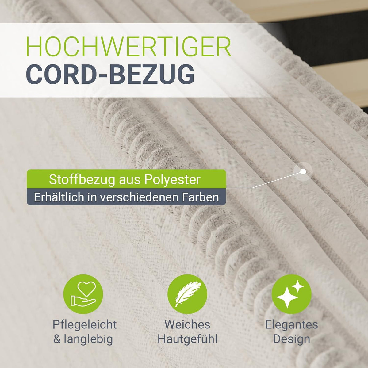 Cama tapizada Juskys Salerno 140 x 200 cm – Pana beige, cama moderna con cabecero y piecero, estructura estable de madera y metal, somier, capacidad de carga de 500 kg