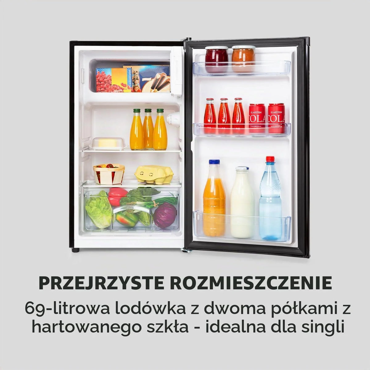 Kombinacja lodówko-zamrażarki Klarstein Cool Cousin - pojemność: 80 l, lodówka: 69 l, 3-gwiazdkowa zamrażarka: 11 l, klasa energetyczna E, 2 poziomice szkła, komora na zapiekacze, kolor czarny