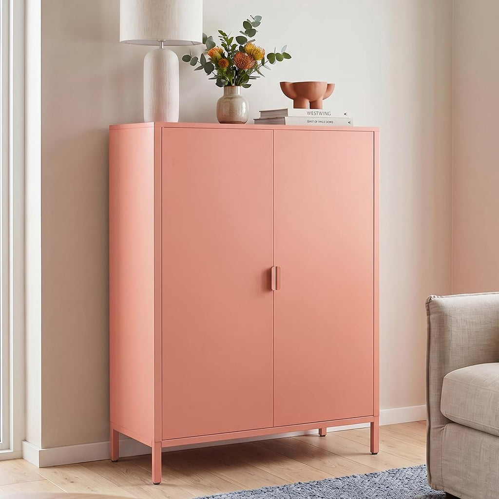 Cómoda de metal Ituri skølm – Armario de metal con 3 estantes ajustables – Aparador de salón color terracota – Armario de almacenamiento de acero – Mueble alto de diseño industrial – Armario de oficina/recibidor