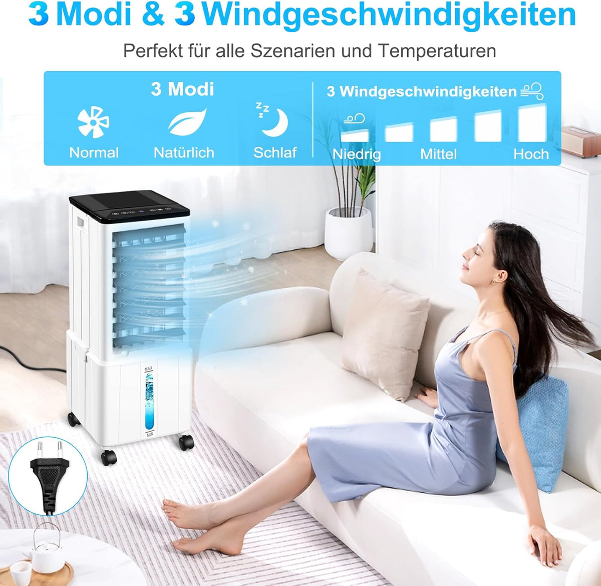 Aire acondicionado sin tubo de escape, 14L 60W, unidad móvil con temporizador de 12H, 3 modos, 40dB, oscilación de 120°, depósito de agua extraíble, control remoto, aire acondicionado portátil silencioso para apartamentos y habitaciones