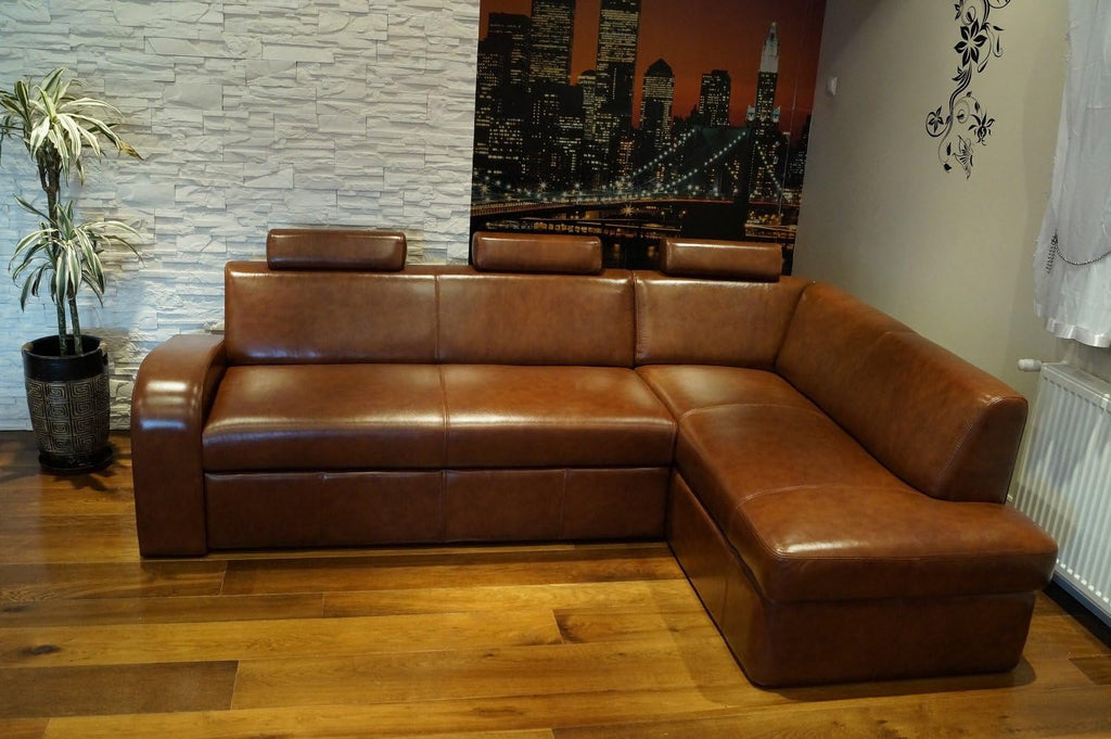 Sofá esquinero de piel auténtica Antalya II 3 plazas 245 x 164 cm con función de cama, arcón y reposacabezas, sofá en esquina de cuero auténtico marrón antiguo 3000