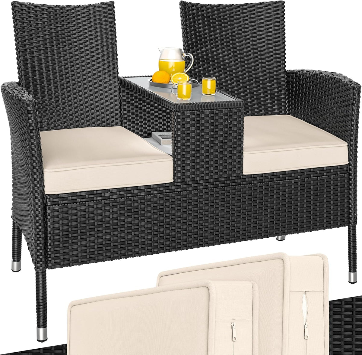 Banco de jardín Casaria® con cojines, resistente a la intemperie, polirratán, capacidad de carga de 320 kg, mesa auxiliar, resistente a los rayos UV, banco para jardín o balcón, 2 plazas, 143x55 cm, negro