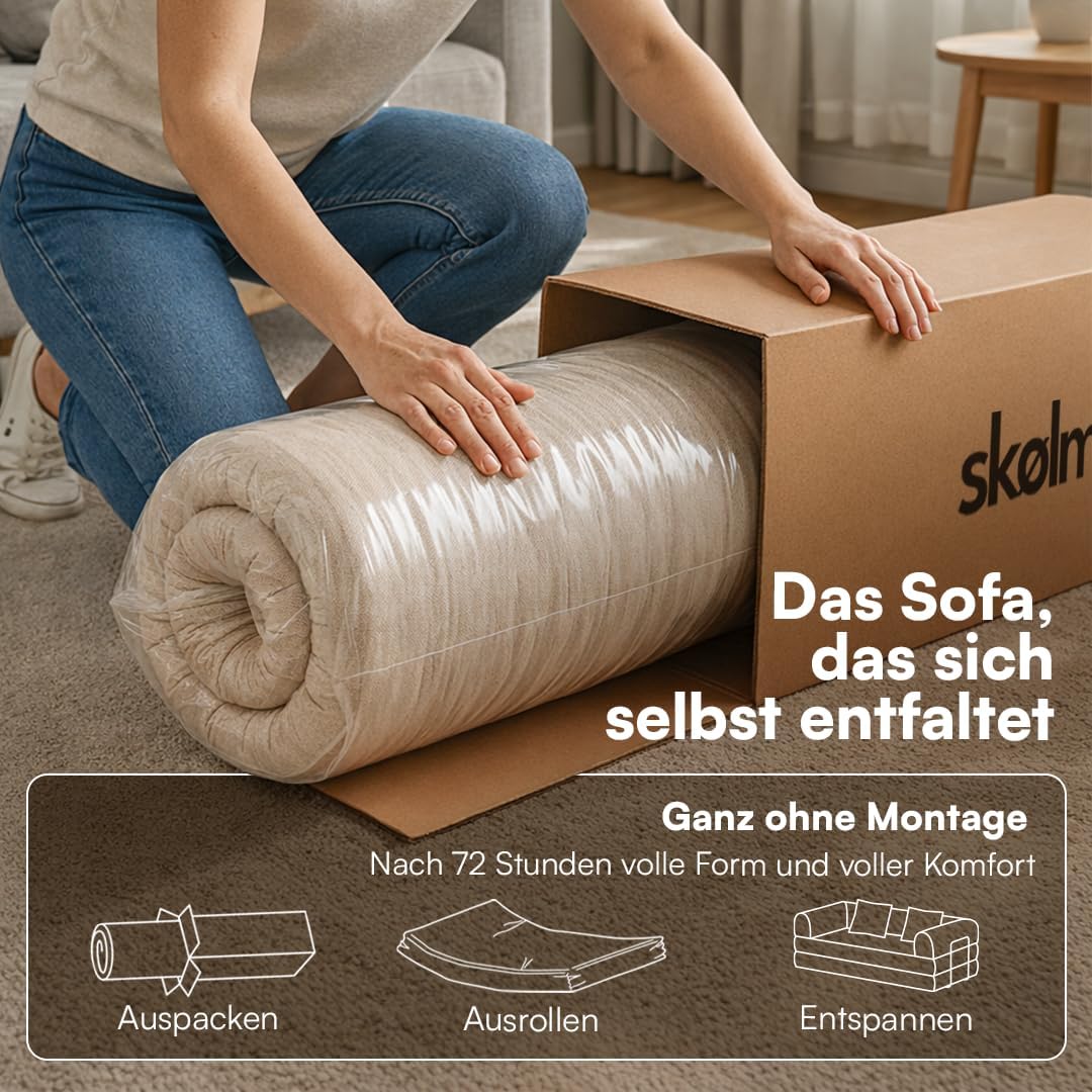 skølm Lofn Schlafsofa aus Cord – 2 Sitzer Couch ausklappbar zum Bodensofa – Vollschaumcouch in Taupe 200 cm breit – Klappsofa inkl. 2 Kissen & Stahlgestell – Cordsofa Wohnzimmer – Cloud Couch boneless | ohne Aufbau