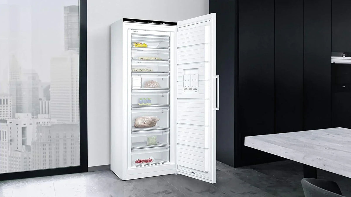 Congelador Siemens GS54NAWCV iQ500, 176 x 70 cm, 327 L, noFrost nunca más volver a descongelar, bigBox espacio para alimentos congelados grandes, varioZone estantes y cajones de cristal flexibles, Blanco