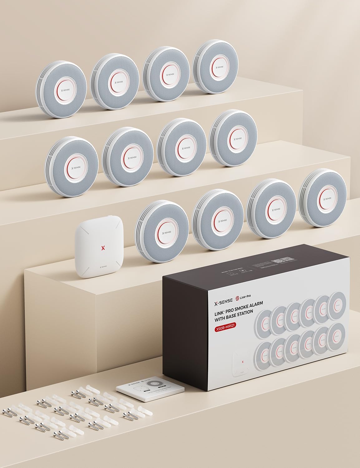 Detector de humo inteligente Wi-Fi X-Sense con salida de voz y 17 ubicaciones, alarma de incendio, detector de humo interconectado, 33 mm, detector de incendios con estación base SBS50, XS0B-MR121, 12 unidades