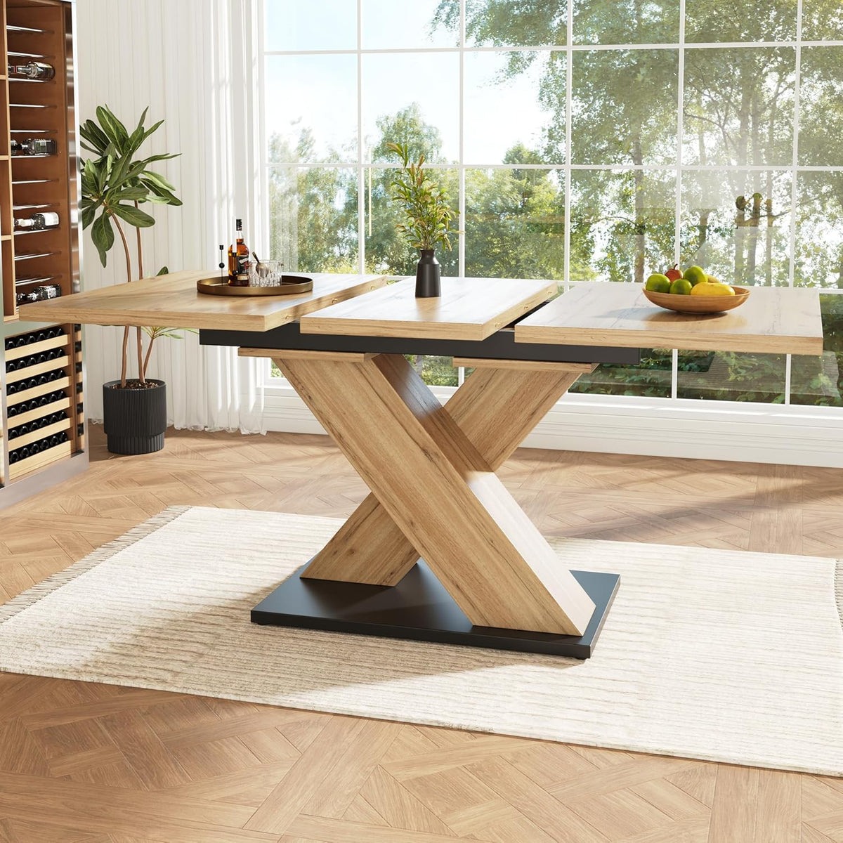 Mesa de comedor extensible con patas en forma de X para 4-6 personas, mesa de cocina y comedor con tablero de madera veteada, mesa de comedor extensible, 119-158.8x80x75 cm, color madera