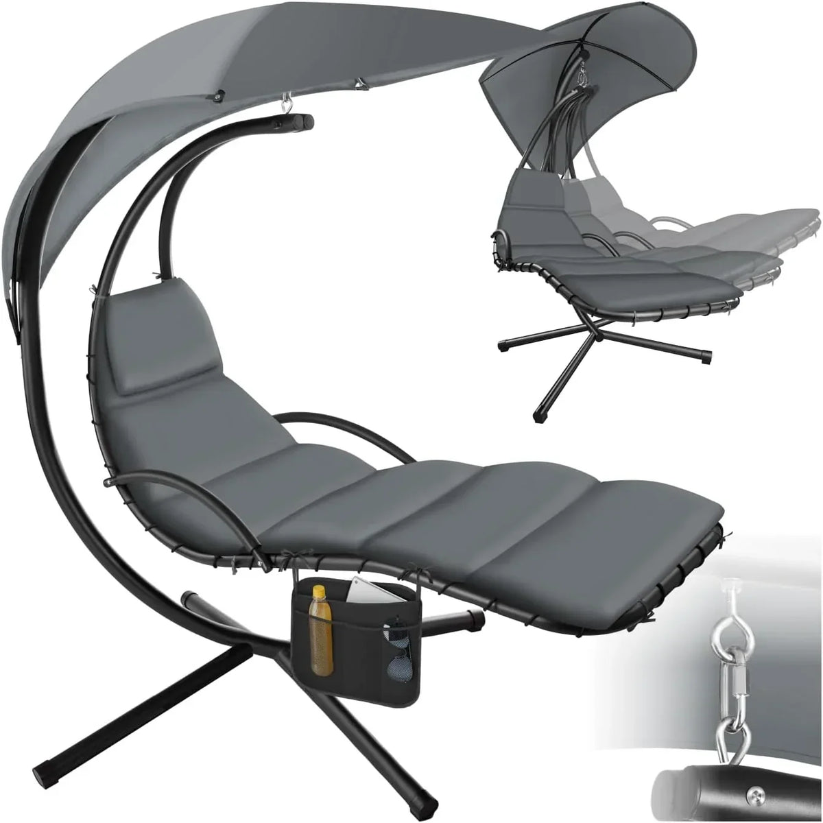 Tumbona colgante con soporte y toldo, hamaca de jardín 405123-3, tumbona relax para exterior con cojín y almohada
