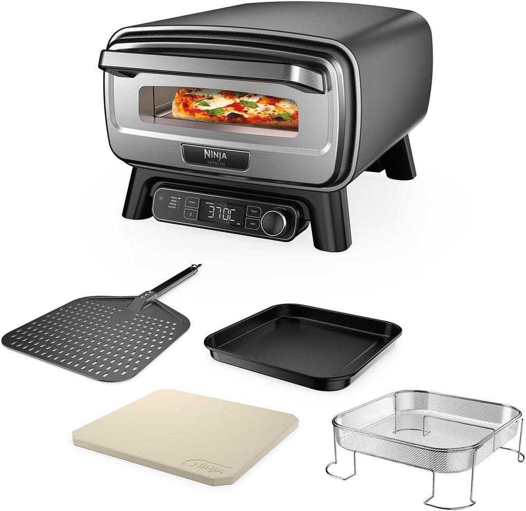 Ninja Woodfire Horno para pizza y freidora de aire eléctrica para exteriores, con 4 funciones: Pizza, Freír sin aceite, Hornear, Fermentar, Incluye piedra, pala, bandeja, cesta para freír, Gris MO201EU