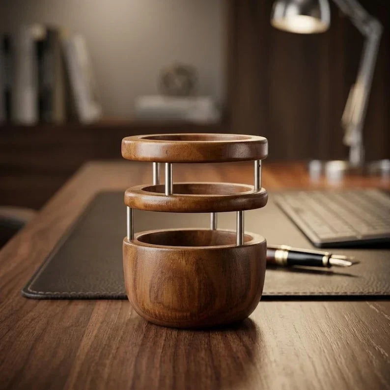 Portalápices de madera de teca, organizador de escritorio hecho a mano, diseño redondo, 9,5 cm de diámetro, oficina y hogar