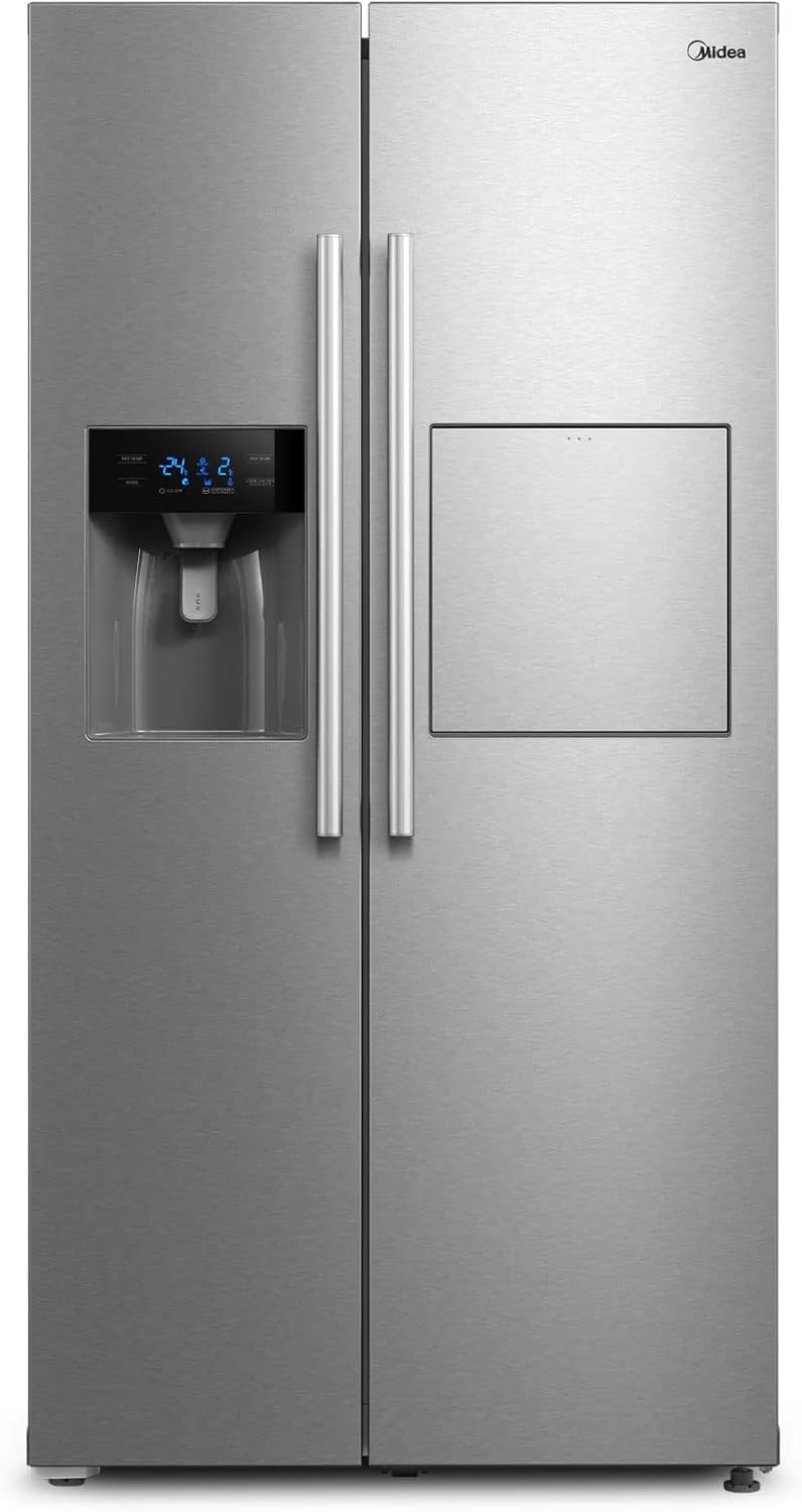 Midea KS-DDX 6.32 WT Frigorífico americano / 178,8 cm de altura / 254 kWh/año / No Frost / Compresor Dual Inverter / con dispensador de agua/hielo 3 en 1 y depósito de agua, Dark Inox