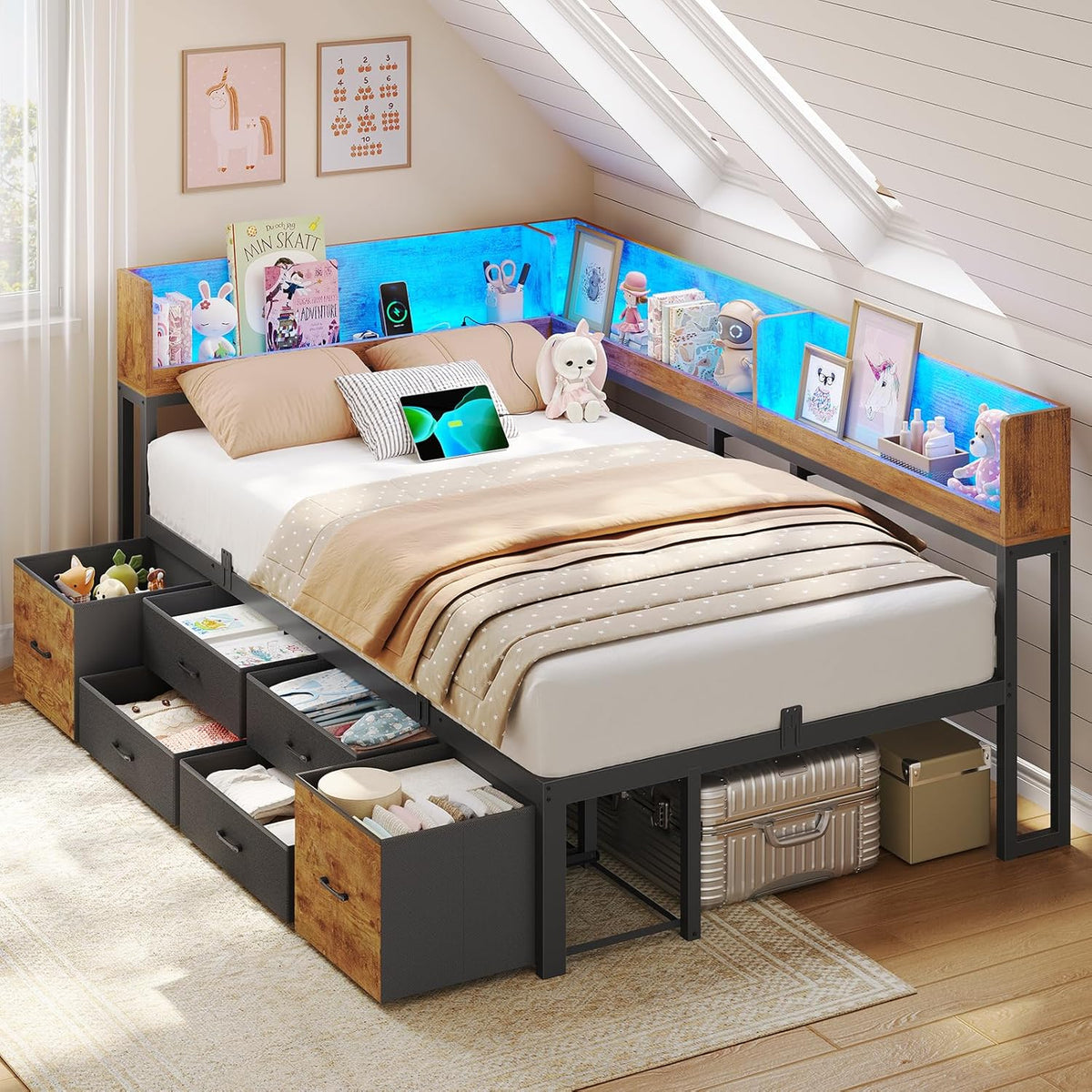 Cama de 90x200 con almacenamiento, sofá cama con estantería integrada y 6 cajones, cama juvenil con iluminación LED y estación de carga, cama de invitados, diván, estructura de cama con somier (Marrón vintage, 90x200 cm)