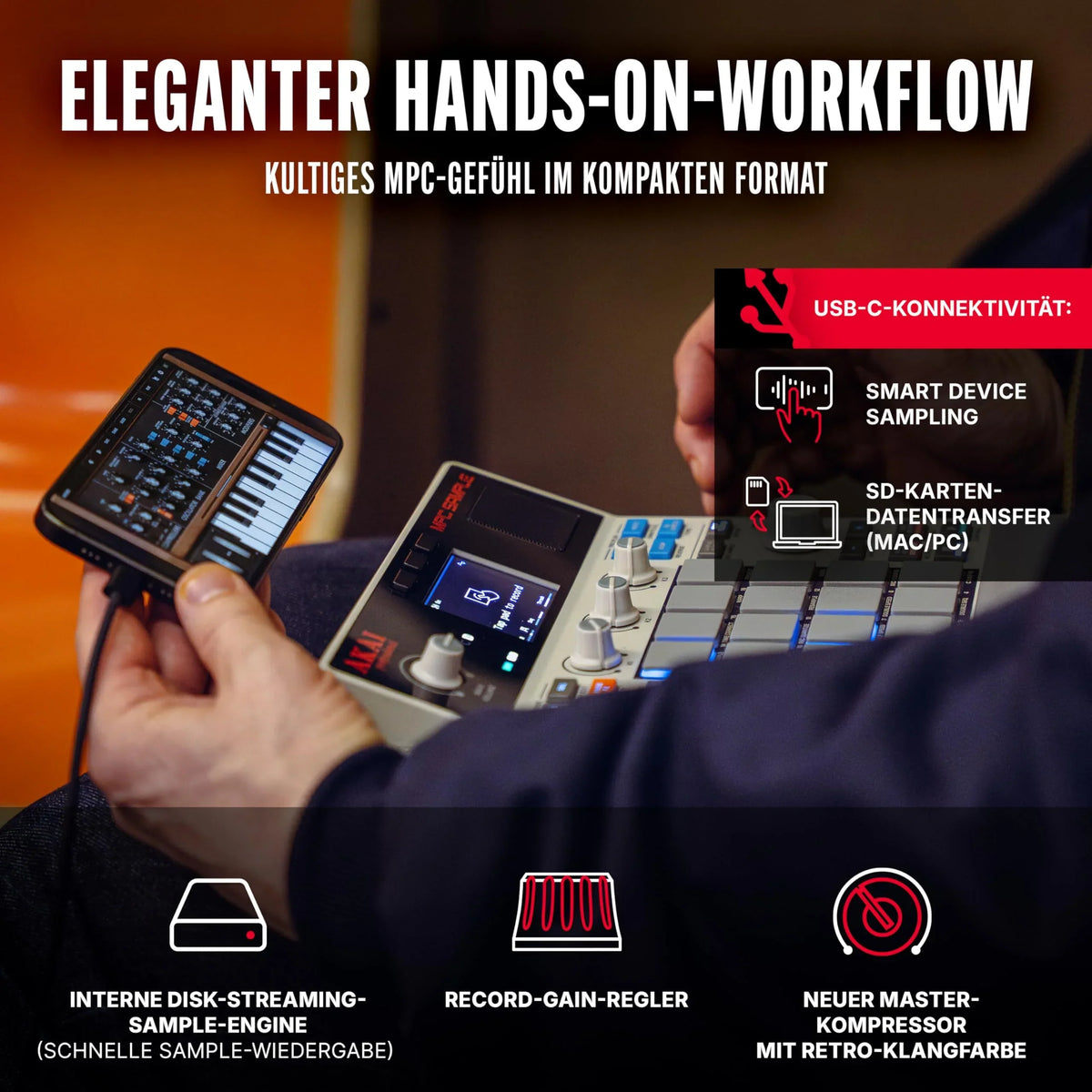 Akai Professional MPC Sample muestreador portátil independiente con batería, USB C, altavoz, micrófono, muestreo, secuenciación y producción musical