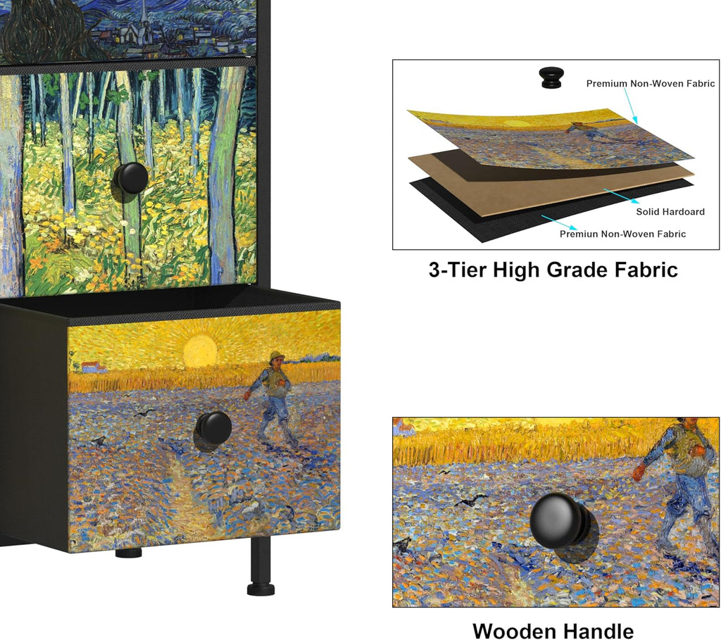 VEDECASA - Wąska, wysoka komoda z 12 szufladami, motyw Van Gogh, do pokoju dziecięcego, salonu, korytarza, sypialni, biura, struktura metalowa i panel drewniany