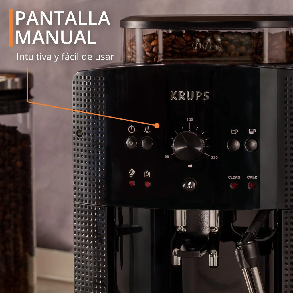 2025 Krups Essential - Cafetera superautomática, 15 bares de presión, molinillo cónico de metal, con selección de cantidad e intensidad de café, 1,7 l, 1 taza, acero, pantalla LCD + accesorios para leche