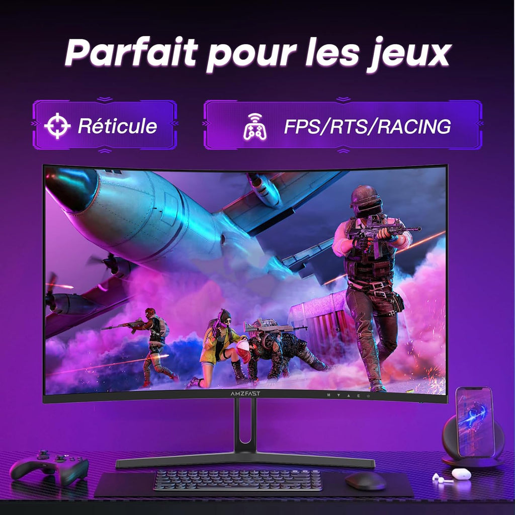Monitor Gaming Curvo Amzfast de 32 Pulgadas, QHD, 180Hz, 1MS MPRT, 1500R, AI Cross Hair, Adaptive Sync, Antiluz Azul, HDR, HDMI 2.0/DP 1.4, VESA 100 * 100, AMZG32C1Q