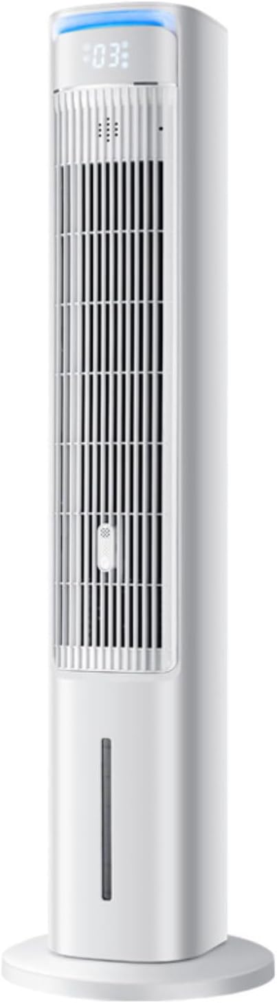 Torre de aire acondicionado silenciosa con enfriamiento por evaporación, 3 niveles de velocidad, temporizador de 12 horas y función de aroma. Aire acondicionado portátil, no requiere ventana, acumuladores de frío, depósito extraíble de 5 litros.