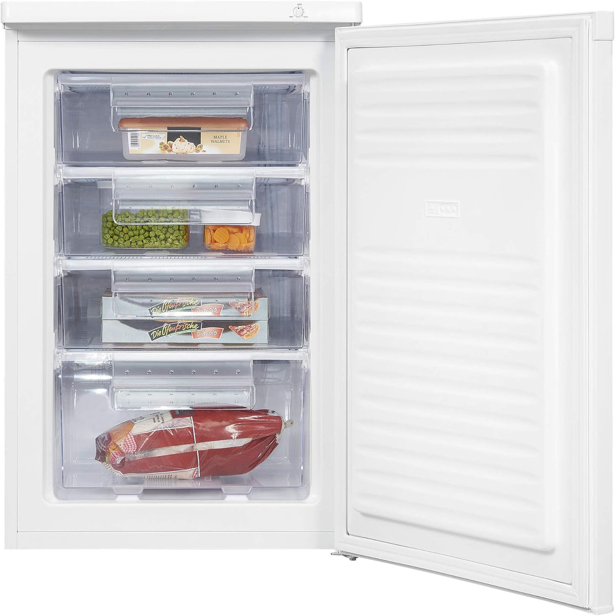 Exquisit® Congelador de sobremesa 91L, color blanco, clase E, congelador de 4 estrellas, 4 cajones transparentes, puerta reversible, control de temperatura, medidas (85,5 x 55,0 x 58,0 cm)