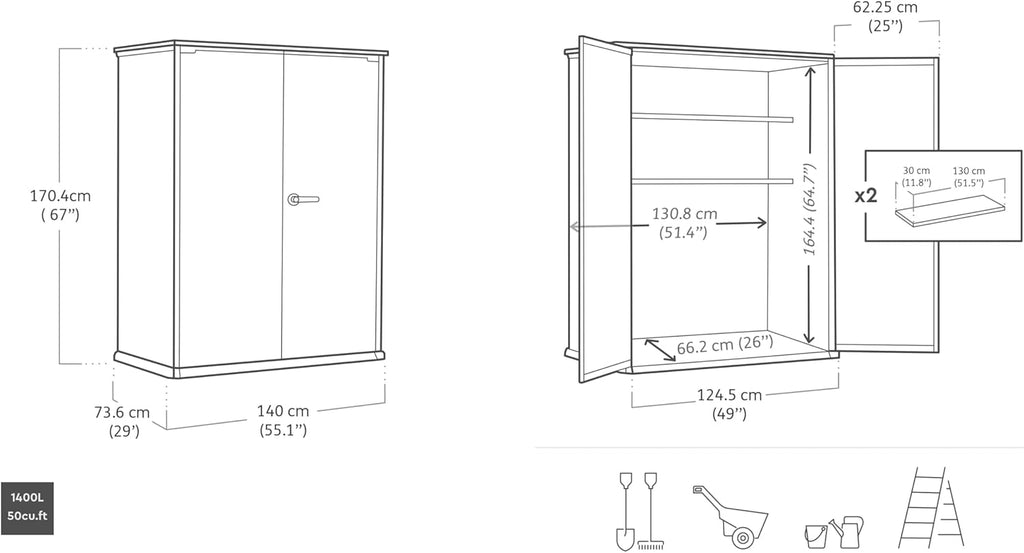 Arcón de jardín Keter High Store Plus, capacidad de 1400 l, dimensiones exteriores an/prof/al 140x73,6x170,4 cm, material Duotech, pintable, impermeable, resistente a la intemperie y de fácil mantenimiento