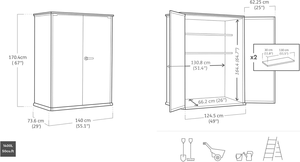 Arcón de jardín Keter High Store Plus, capacidad de 1400 l, dimensiones exteriores an/prof/al 140x73,6x170,4 cm, material Duotech, pintable, impermeable, resistente a la intemperie y de fácil mantenimiento