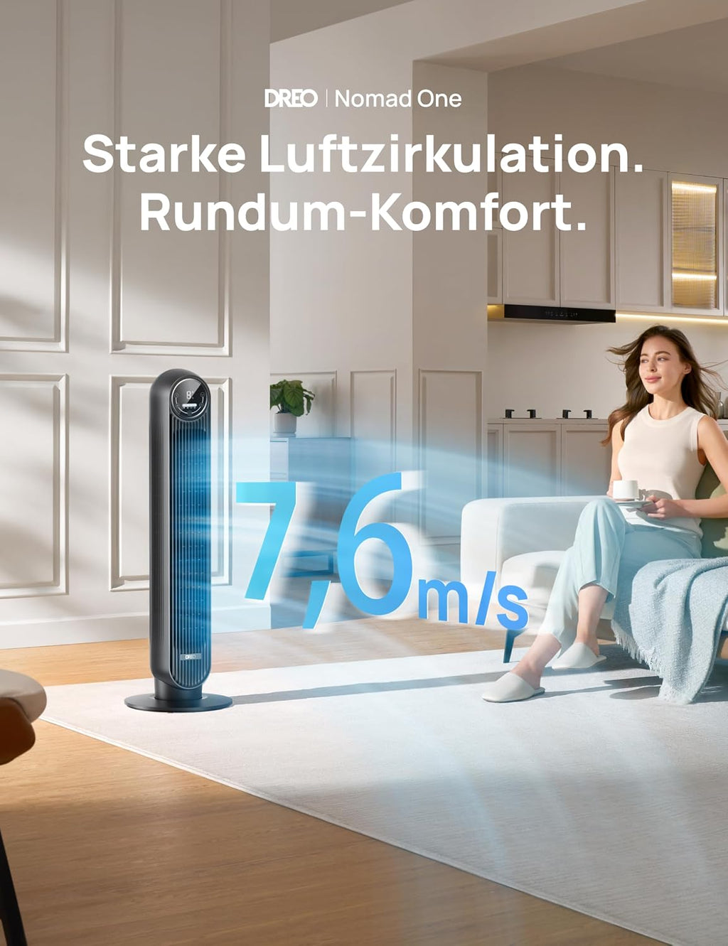 Ventilador de torre Dreo para dormitorio, velocidad de 7,6 m/s, ventilador de pie silencioso de 20 dB, ventilador oscilante de 90° con 4 velocidades, 4 modos, temporizador de 8 h, Nomad One, negro