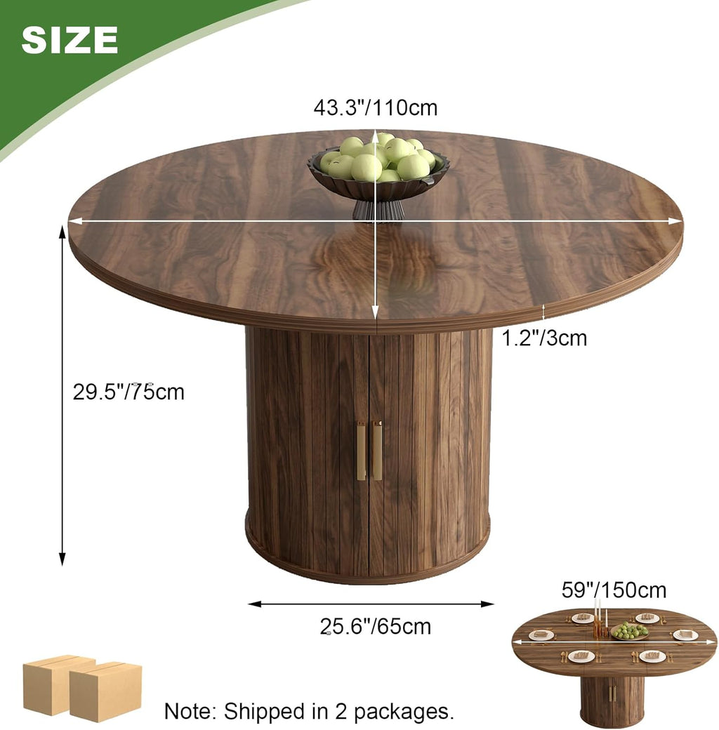 Mesa de comedor extensible, mesa de comedor redonda con base de madera, extensible a ovalada, mesa de cocina moderna para 4-6 personas, marrón rústico, base de pedestal