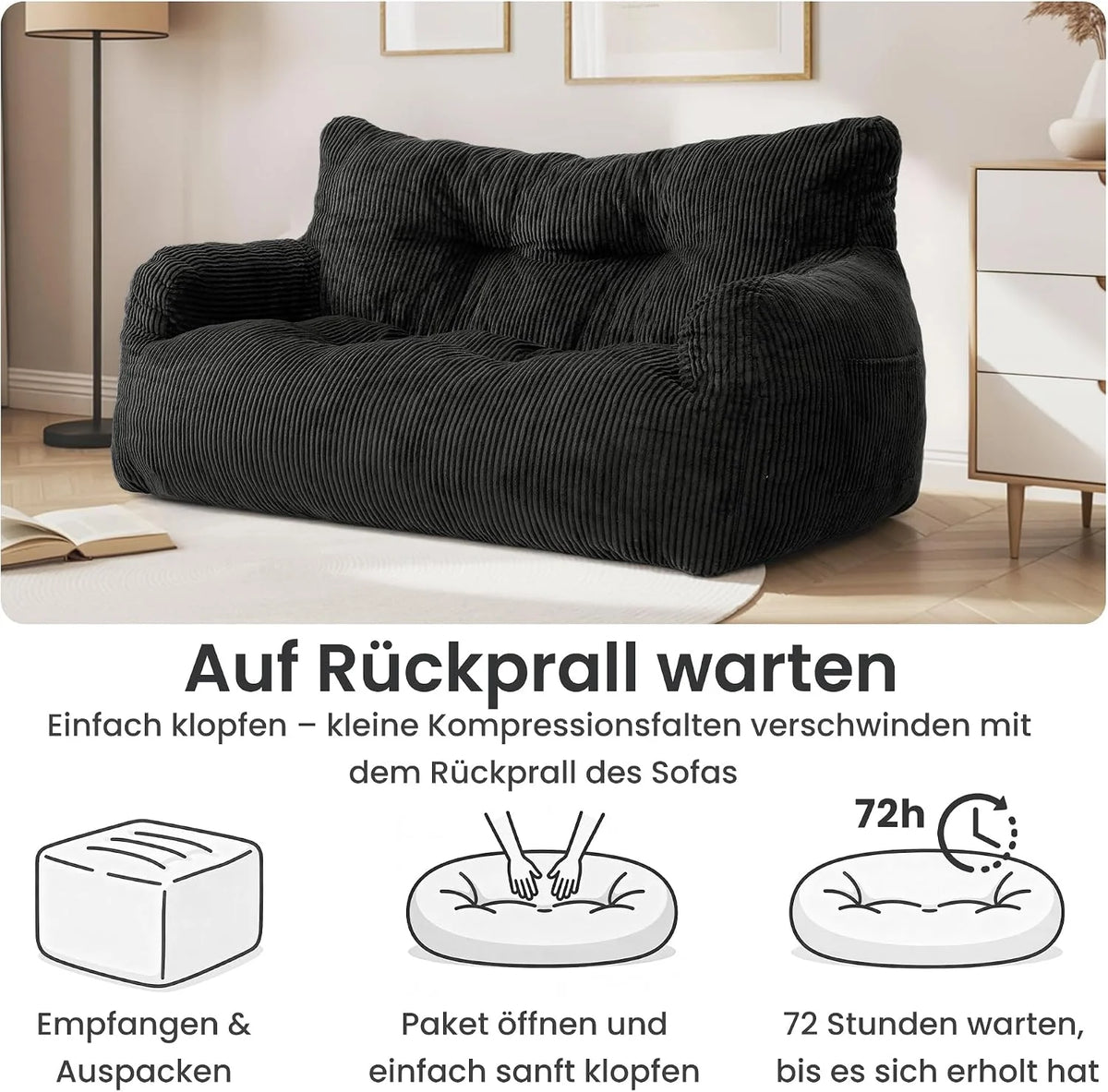 Pamapic Puf dla dorosłych z wypełnieniem, podwójny fotel wypoczynkowy z przenośnym uchwytem, ergonomiczny, nowoczesny, puf do użytku wewnątrz do salonu, sypialni, pokoju zabaw, czarny