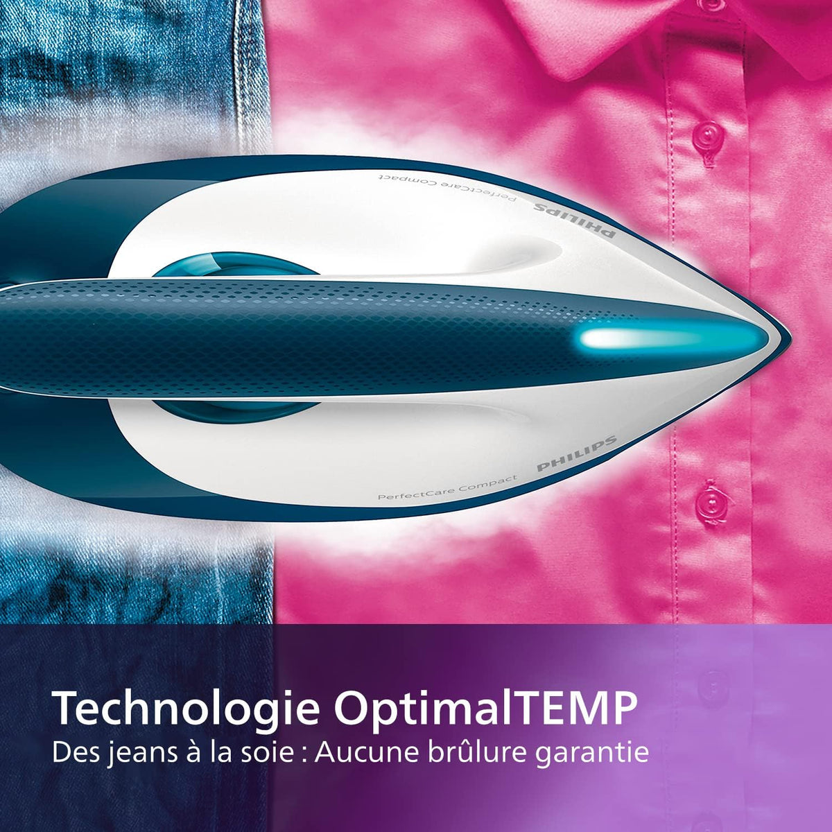 Centro de planchado Philips PerfectCare Compact Plus - 2400W, 400g, presión de 6,5 bares, tecnología OptimalTEMP, depósito de 1,5 L, azul/blanco (GC7844/20)