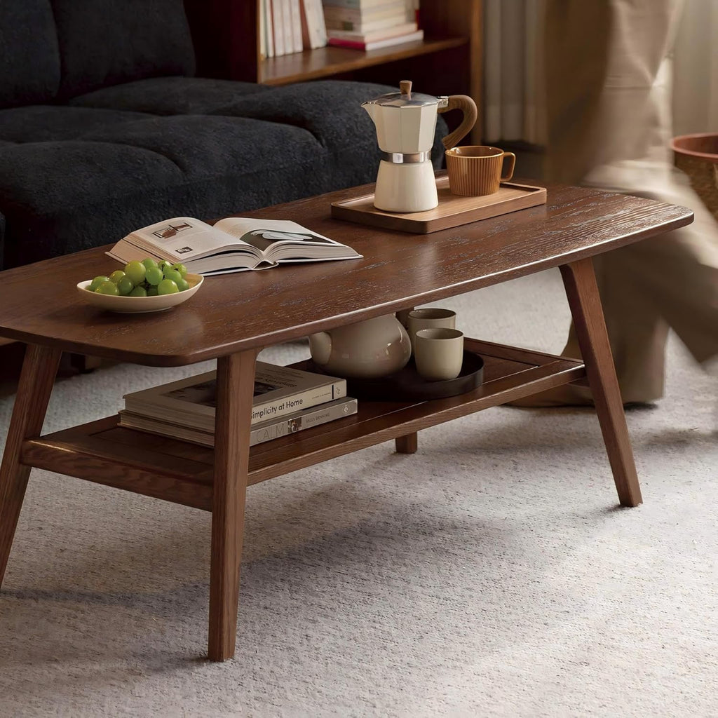 Mesa de centro YESWOOD de madera maciza de roble, mesa de salón con 2 niveles y espacio de almacenamiento, mesa de sofá para sala de estar, 80 x 50 x 44 cm, color nogal
