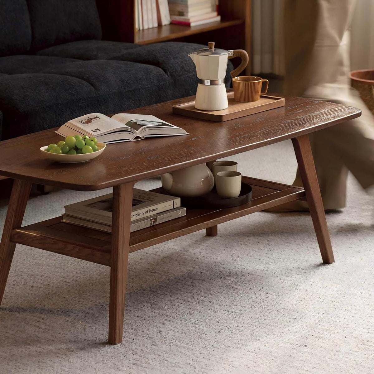 Mesa de centro YESWOOD de madera maciza de roble, mesa de salón con 2 niveles y espacio de almacenamiento, mesa de sofá para sala de estar, 80 x 50 x 44 cm, color nogal
