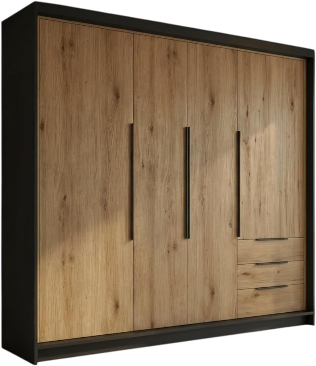 Armario de 4 puertas A&J MöbelLand KLARI con 3 cajones – 200 x 215 cm – Armario de puertas batientes con barra para colgar ropa y estantes
