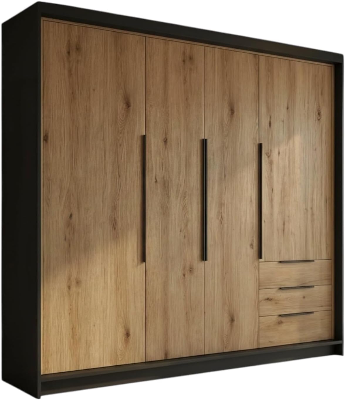 Armario de 4 puertas A&J MöbelLand KLARI con 3 cajones – 200 x 215 cm – Armario de puertas batientes con barra para colgar ropa y estantes