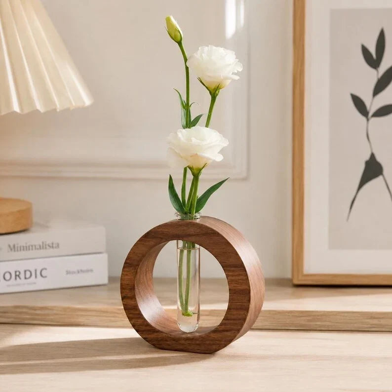 Jarrón redondo de tubo de ensayo de madera de nogal, maceta hidropónica con tubo de vidrio, decoración de escritorio escandinava