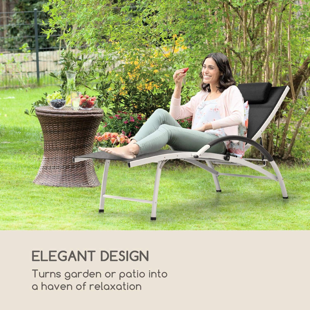 Blumfeldt Sun Valley - Tumbona con cojín, plegable, estructura de aluminio, respaldo ajustable en 4 posiciones, Sun Comfort, material: 70% PVC y 30% malla de poliéster Comfort, negro